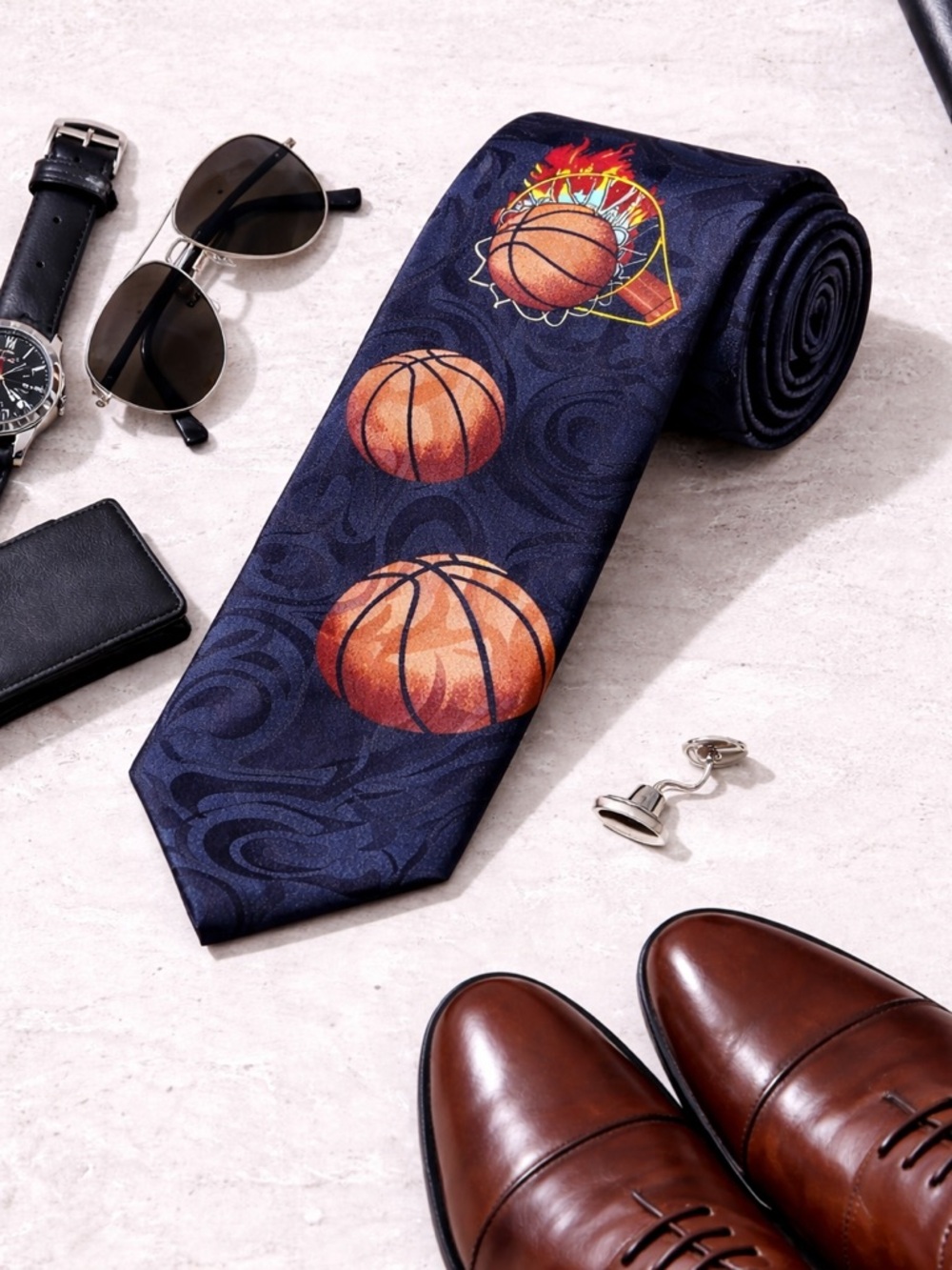 90s Vintage basketball on fire Sport Steven Harris Handmade Tie - Black